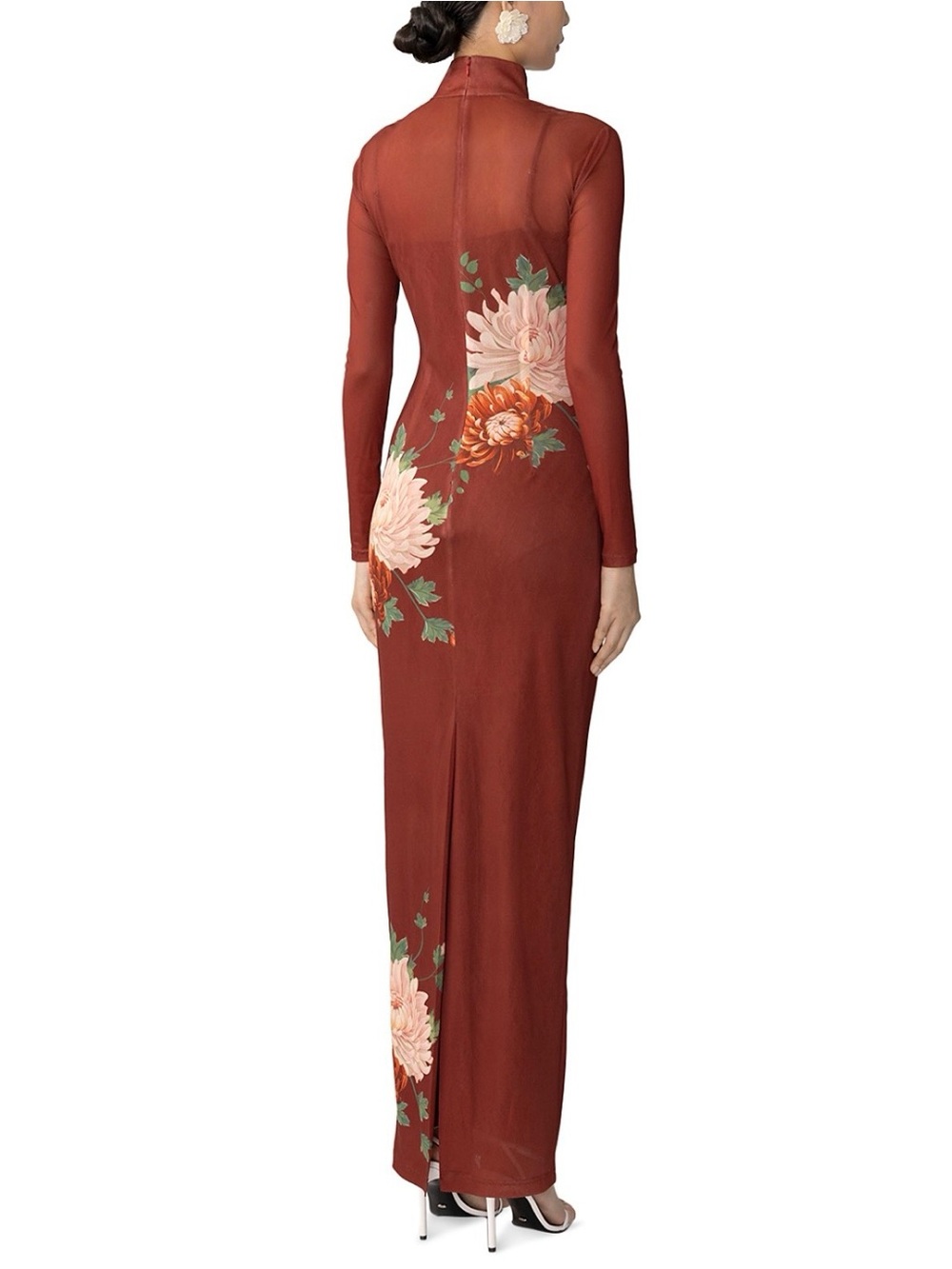 SAU LEE  Kaia Mesh Dress. Mandarin-Collar Floral Maxi Dress in Burgundy - Picture 2 of 4